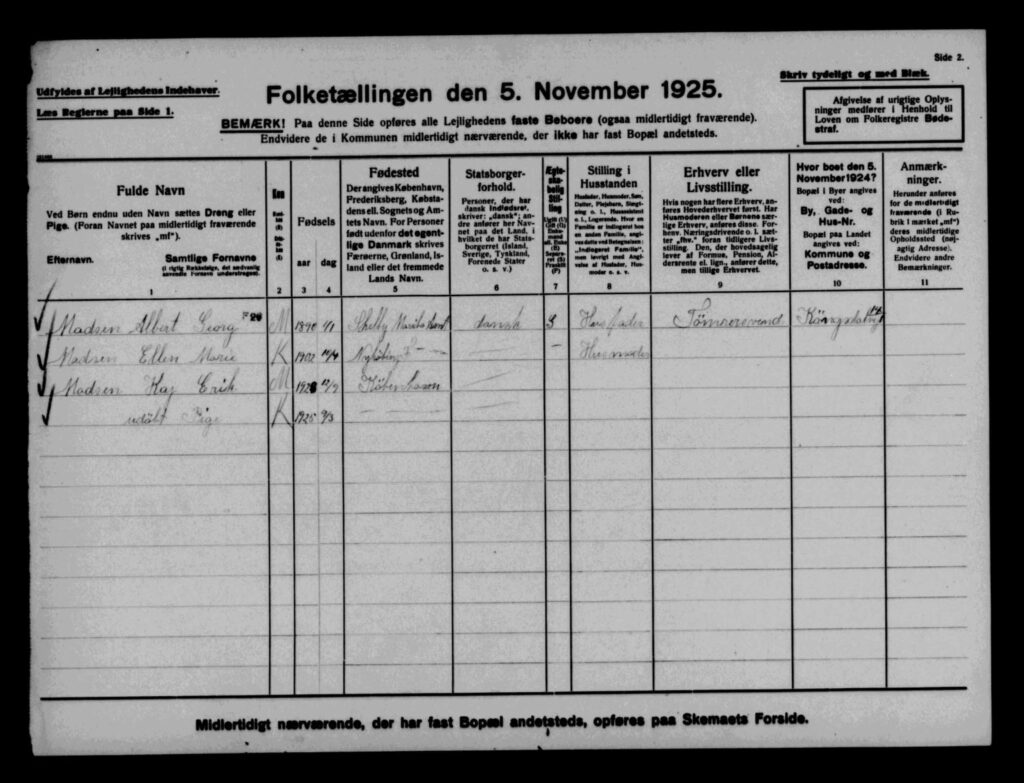 FT-1925. Albert Georg Madsen (husfaderen) bor med Ellen Marie Madsen (husmoderen) med deres søn Kaj Erik Madsen og en udøbt pige, født den 09-03-1925 [= Elin Rigmor Madsen].