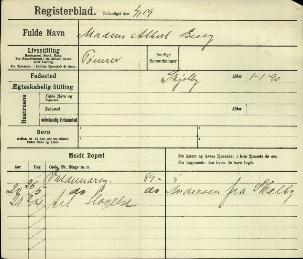 Albert Georg Madsen bor i 1920 i Valdemarsgade. Registerblad for Politiet, Valdemarsgade