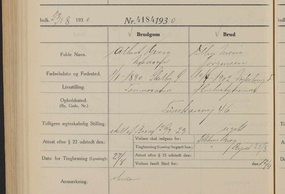 Kilde: Register til borgerlig vielsesprotokol, København, København, 1739-1964, Index 1877-1964, billede 593 af 752.