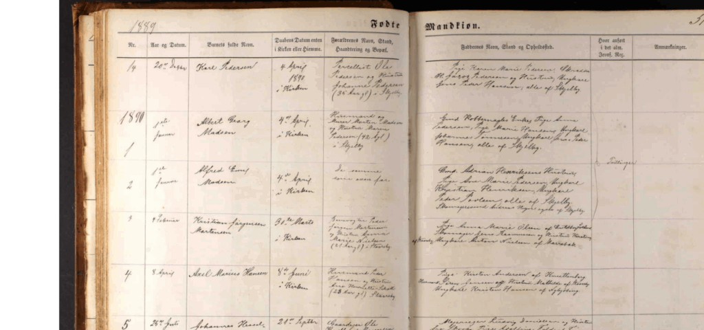 Dåb af Albert Georg Madsen og hans tvillingbror Alfred Emil Madsen den 4. april 1890. Forlædre: Husmand og Murer Morten Madsen og Maren Petersen (42 Ågl??) i Skelby.