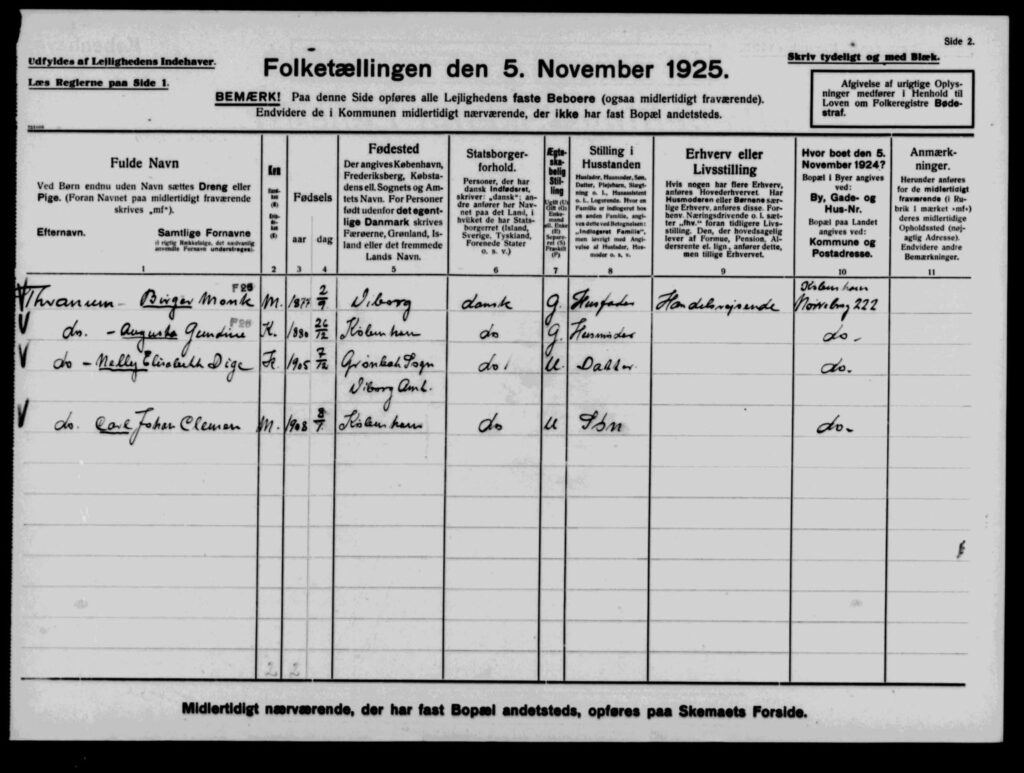 Folketælling FT-1925. Nørrebrogade, København Handelsrejsende Birger Monk Tharnum (f. 02-09-1877) bor med hustru Augusta Gundine (f. 26-12-1880) og deres to børn Nelly Elisabeth Dige (07-12-1905) og Carl Johan Clemen (08-01-1908)