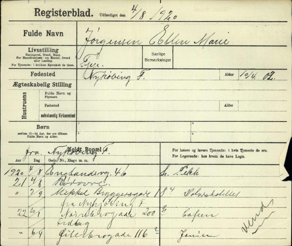 Ellen Marie Jørgensen, registreringsblad