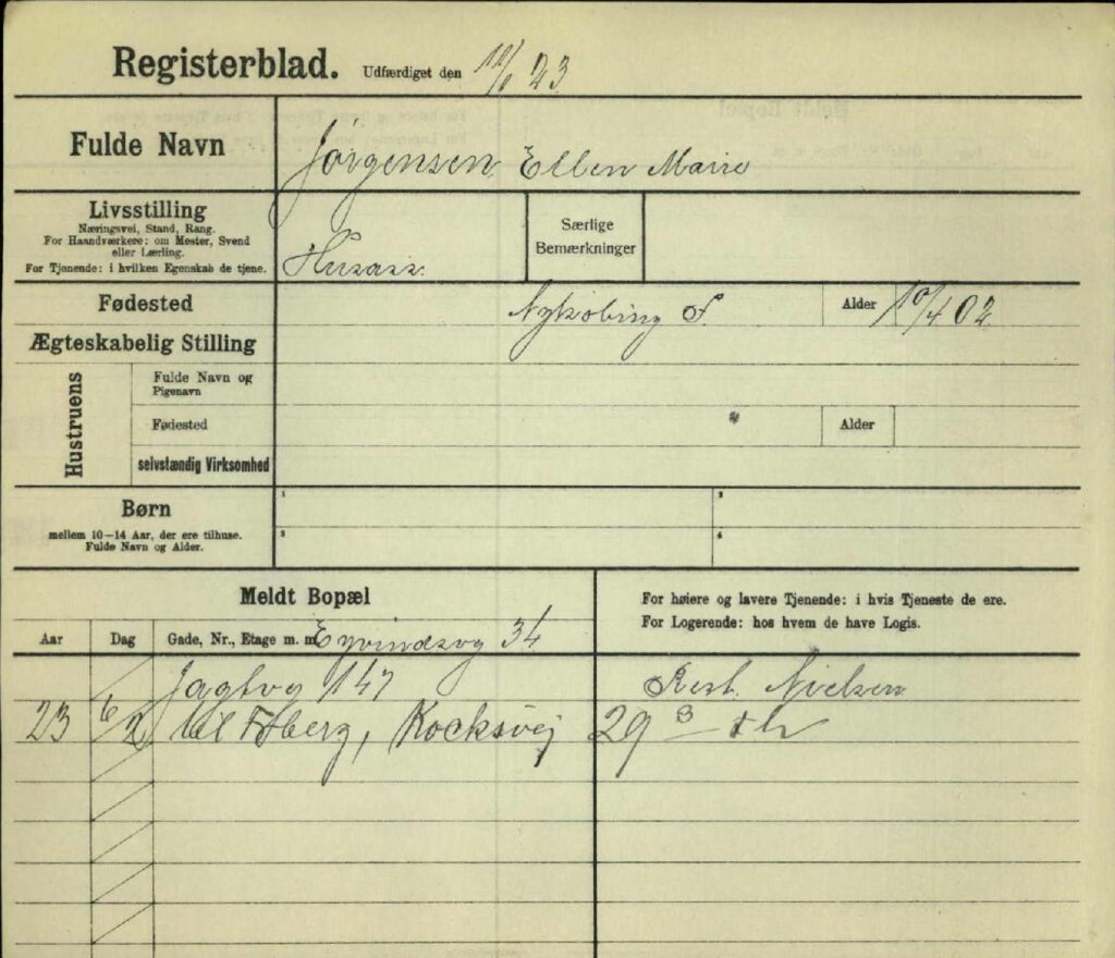 Ellen Marie Jørgensen, registrering 11-01-1923, Politi, Jagtvej 147 og Kochsvej 29, 3. tv