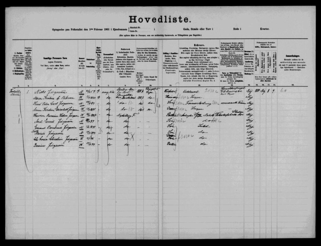 FT-1901 Staldgården, Maribo. Niels Jørgensen og Maren Kristine F Petersen 7 børn. Mormors storesøskende før hun selv bliver født i 1902. Kilde MyHeritage.