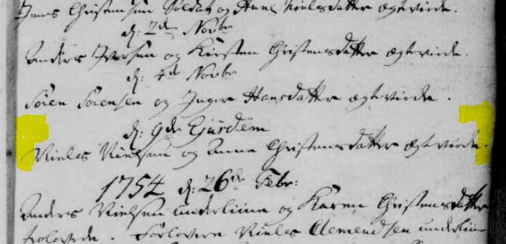 Vielse af Niels Nielsen og Anna Christensdatter. “Den 9. (?) november(?) 1753. Niels Nielsen and Anna Christensdatter i kirken” Kirkebog: Tranum Sogn, Hjørring.