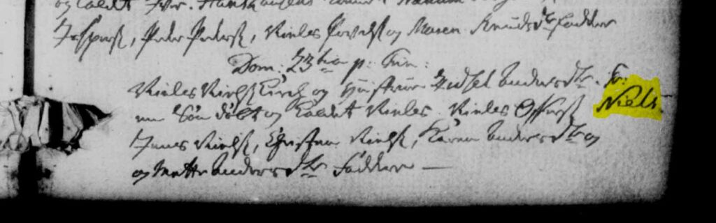 Dåb af Niels Nielsen Tranum. Niels dåb står i Tranum kirkebog år 1760 opslag 92 nederste højre side. Dom 23 S p. trin [23. søndag post Trinitatis = 09-11-1760] [Forældre] Niels Nielsen Kirk og hu. Zidsel Andersdatter [hu = hustru, mor til Niels]