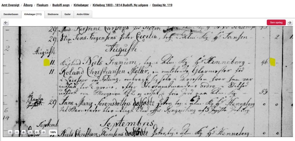 Notering i kirkebogen: Købmand Niels Tranum, Brg. i Alm. Kg. Hr. Henneberg = Han er begravet i Almen Kirkegården af præsten hr. Henneberg.