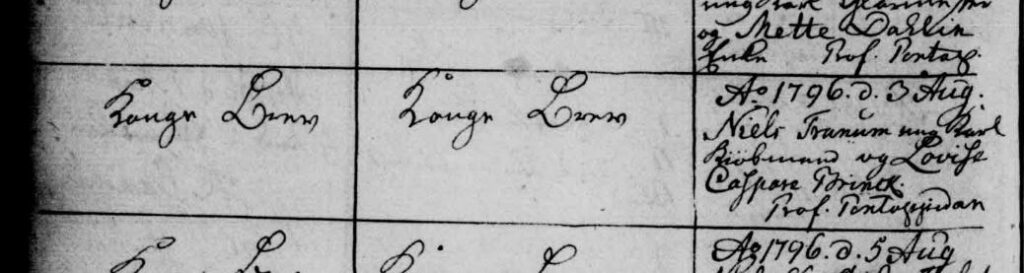 Vielse: Den 3. august 1796. I kirkebogen står (03.08.1796) i Vor Frue, Ålborg, Budolfi sogn.: Kongebrev – Kongebrev – AO 1796 d. 3 Aug. Niels Tranum ungkarl Købmand og Lovise Caspare Brinck. Prof. Pontoppidan (han er professor)